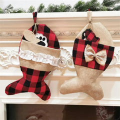 Plaid Christmas Stocking For Pet Buffalo Plaid Black And Red Checker Dog Bone Fish Shape For Puppy Kitty Cat With Bow