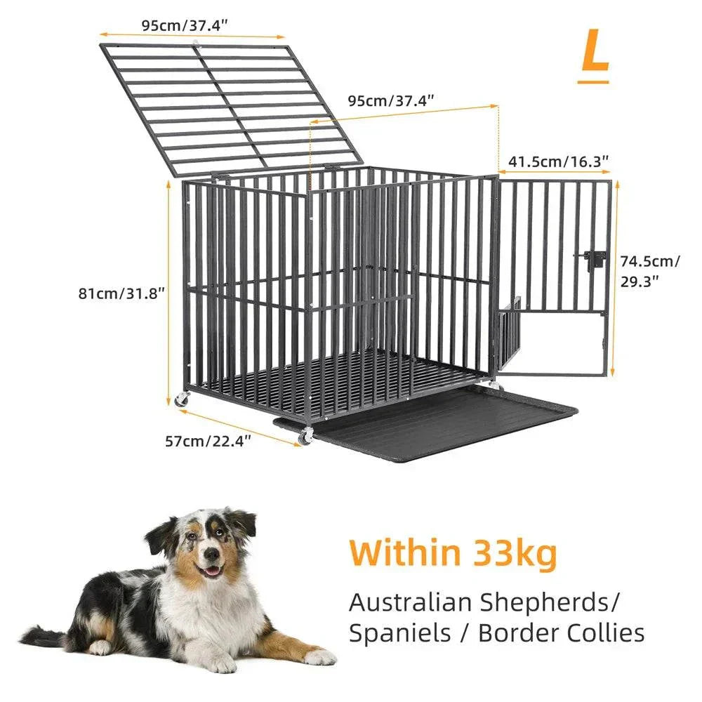 XXL large heavy duty iron dog crate with lockable wheels and removable tray for large breeds like Australian Shepherds and Border Collies