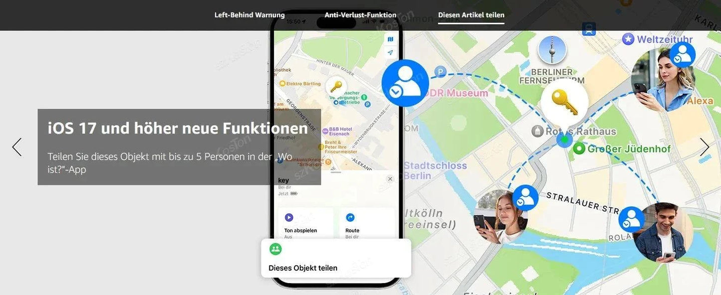 Mini GPS Tracker smart locator app showing real-time location on a smartphone map with user icons and sharing features