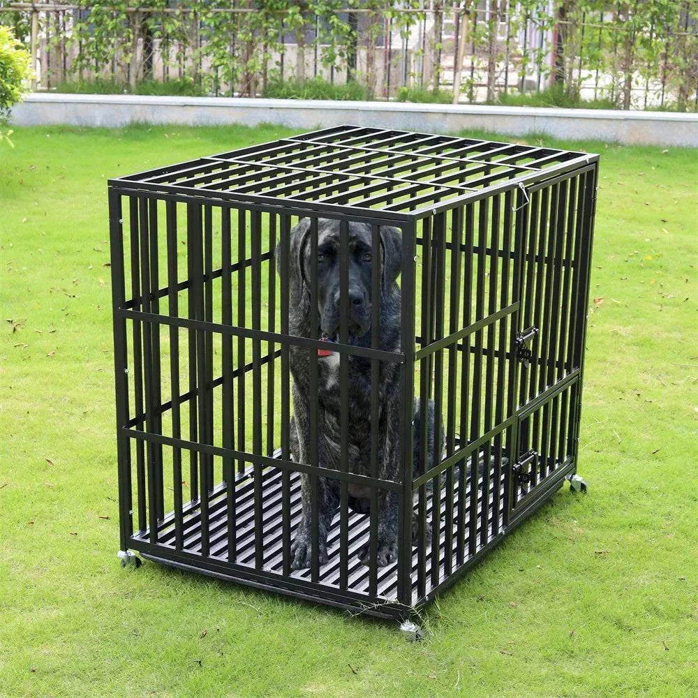 XXL large heavy duty iron dog crate with lockable wheels and tear-resistant metal bars containing a large dog on grass