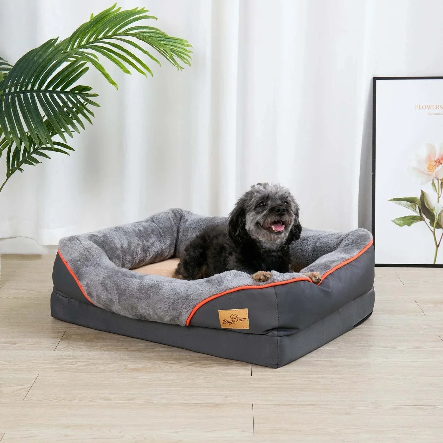 Gray orthopedic foam dog bed with cotton-padded bolster and removable cover featuring waterproof and solid design