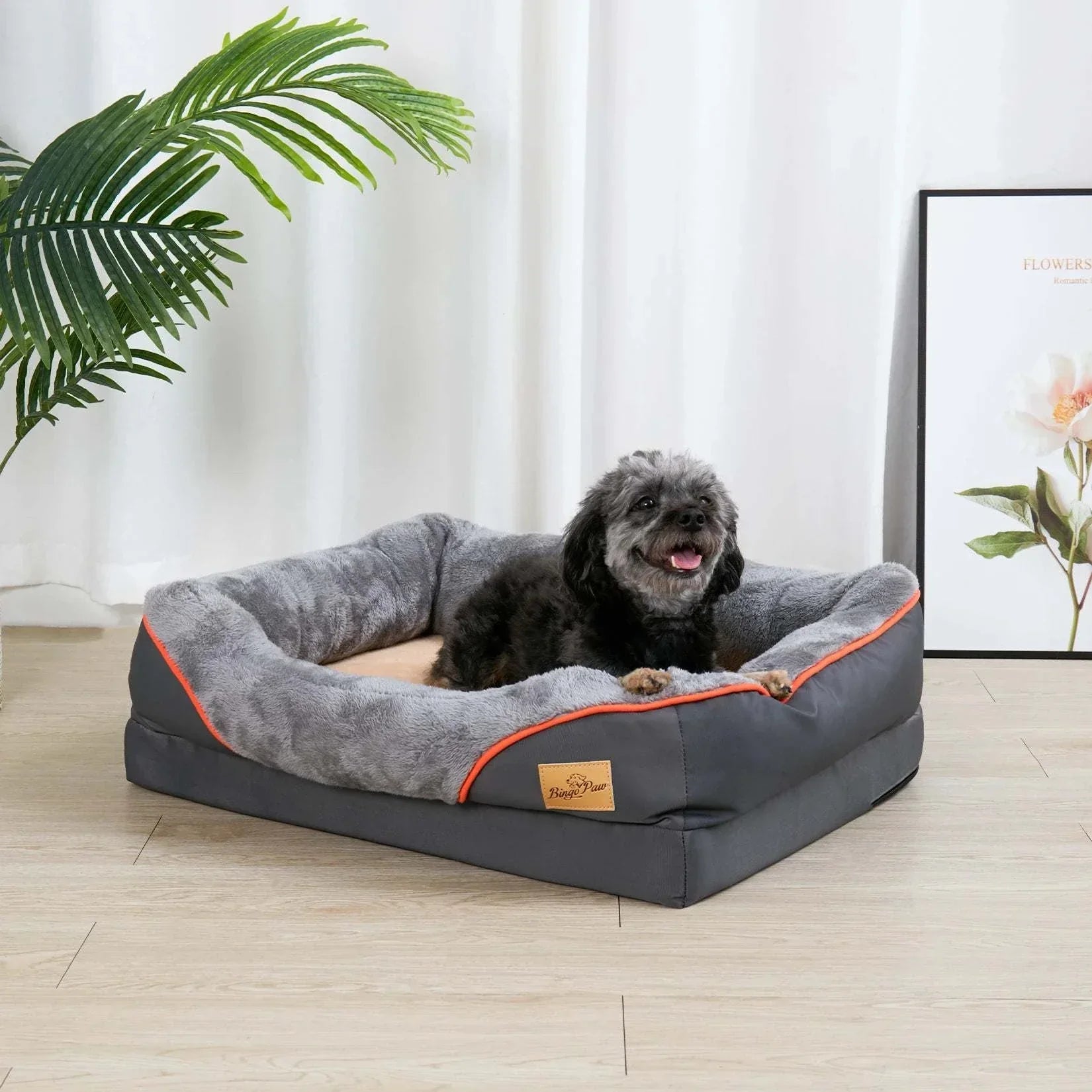 Gray orthopedic foam dog bed with cotton-padded bolster and removable cover featuring waterproof and solid design