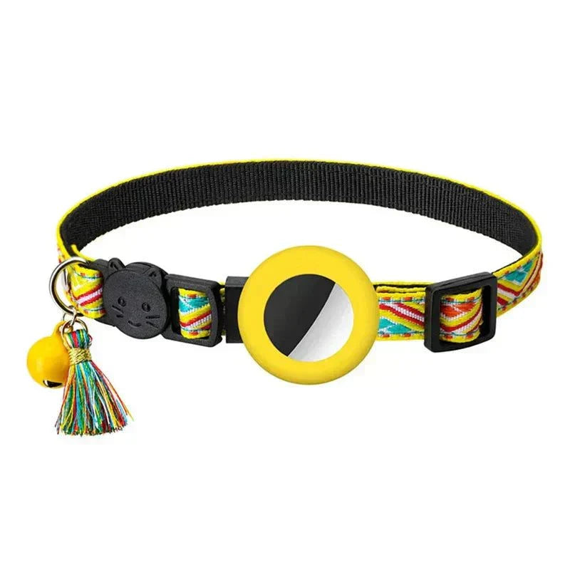 Adjustable nylon dog collar with bell, reflective features, and Airtag holder for pets