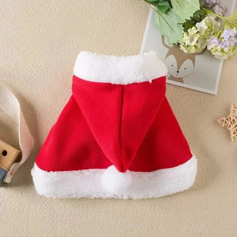 Funny Cat Christmas Costume red Santa cape with white fur trim and pompom hat for pets