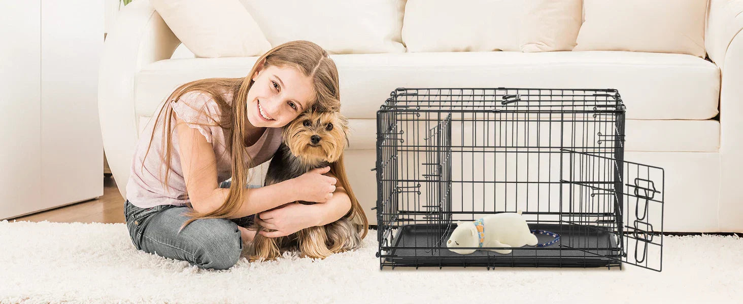 Foldable wire dog crate Double Door with Plastic Leak-Proof Pan tray