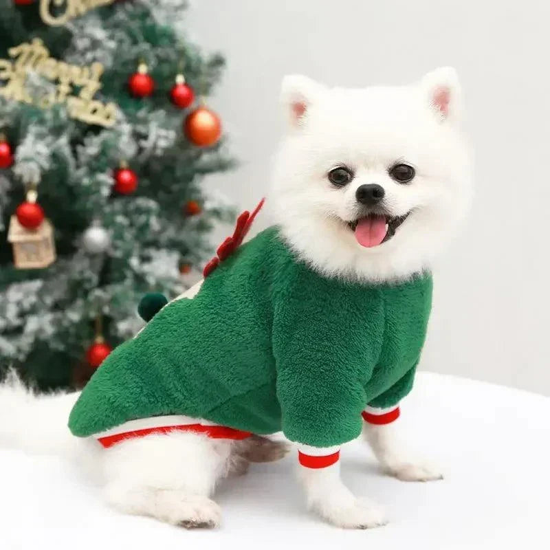 Small white dog wearing green Christmas hoodie costume with red trim in front of decorated Christmas tree