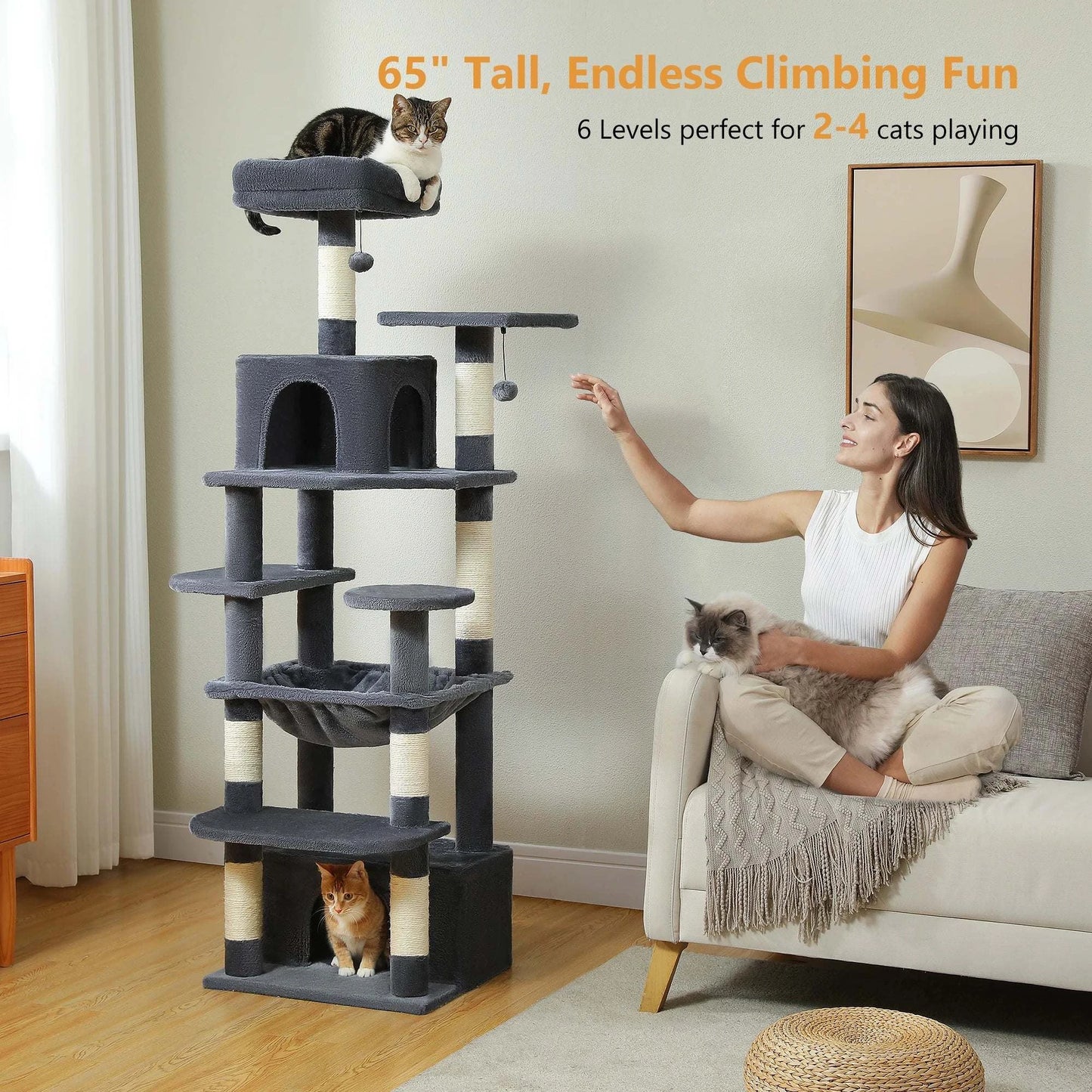 Large Cat Tree and Tower for Indoor Cats Spacious Hammock Padded Perches and Condos Cat Toys