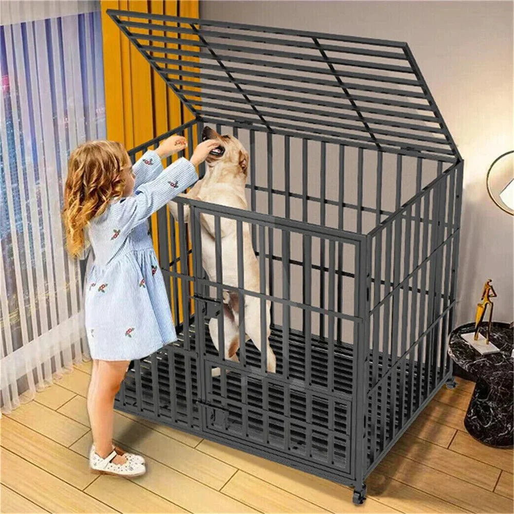 XXL large heavy duty dog crate with tear resistant metal bars, lockable wheels, and tray, shown with child and dog inside in home setting