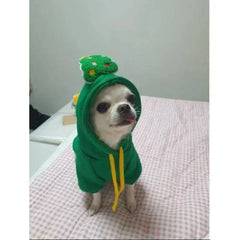 Small dog wearing green Christmas hoodie with tree decoration winter pet clothes