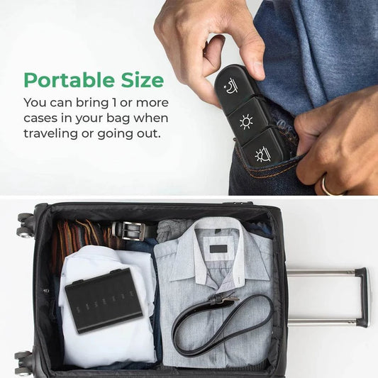 Compact Pill Box 7 days Organizer with 21 grids for 3 daily doses, shown portable in pocket and inside travel suitcase