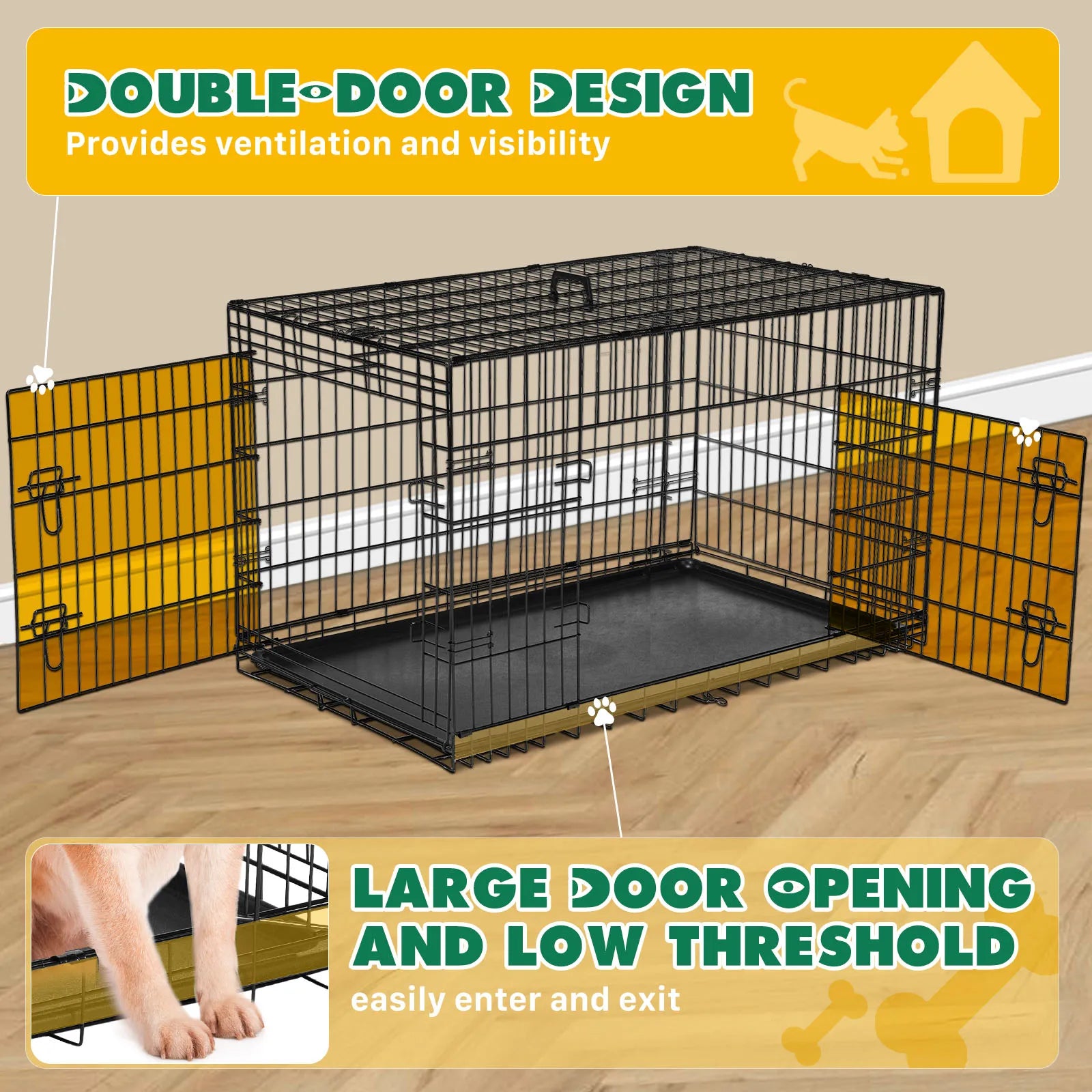 Foldable wire dog crate Double Door with Plastic Leak-Proof Pan tray