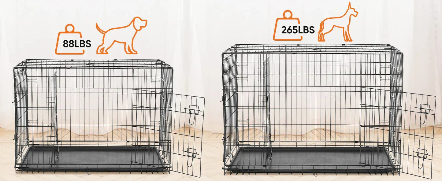 Foldable wire dog crate Double Door with Plastic Leak-Proof Pan tray