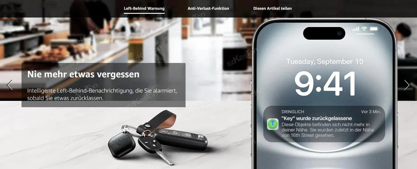 Mini GPS Tracker smart iTag attached to keys displayed next to smartphone showing alert notification at 9:41 am on September 10
