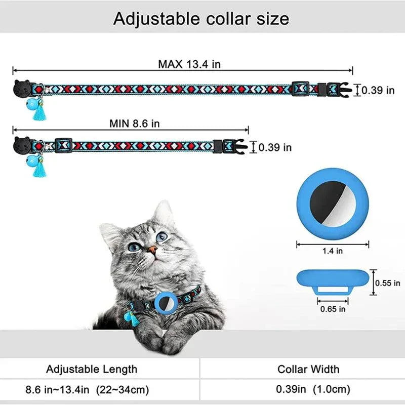 Adjustable nylon dog collar with bell and airtag holder for cats and dogs