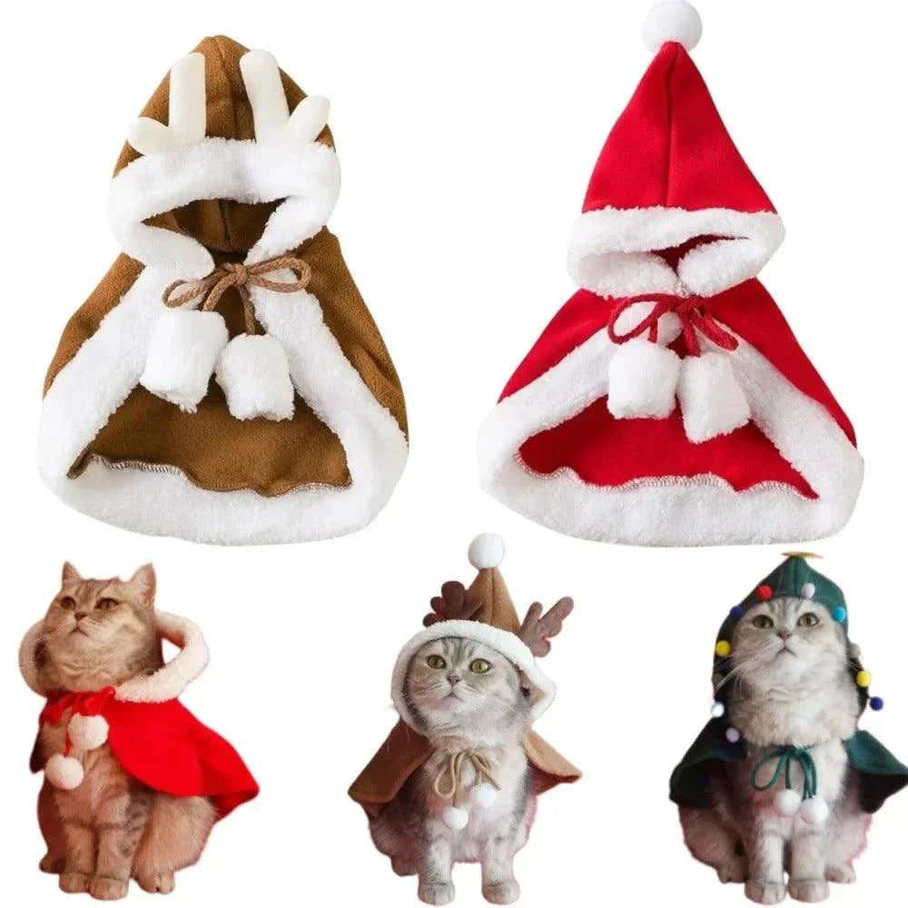 Funny cat Christmas costume set with red Santa cape, brown reindeer cloak, and green holiday cloak for cats