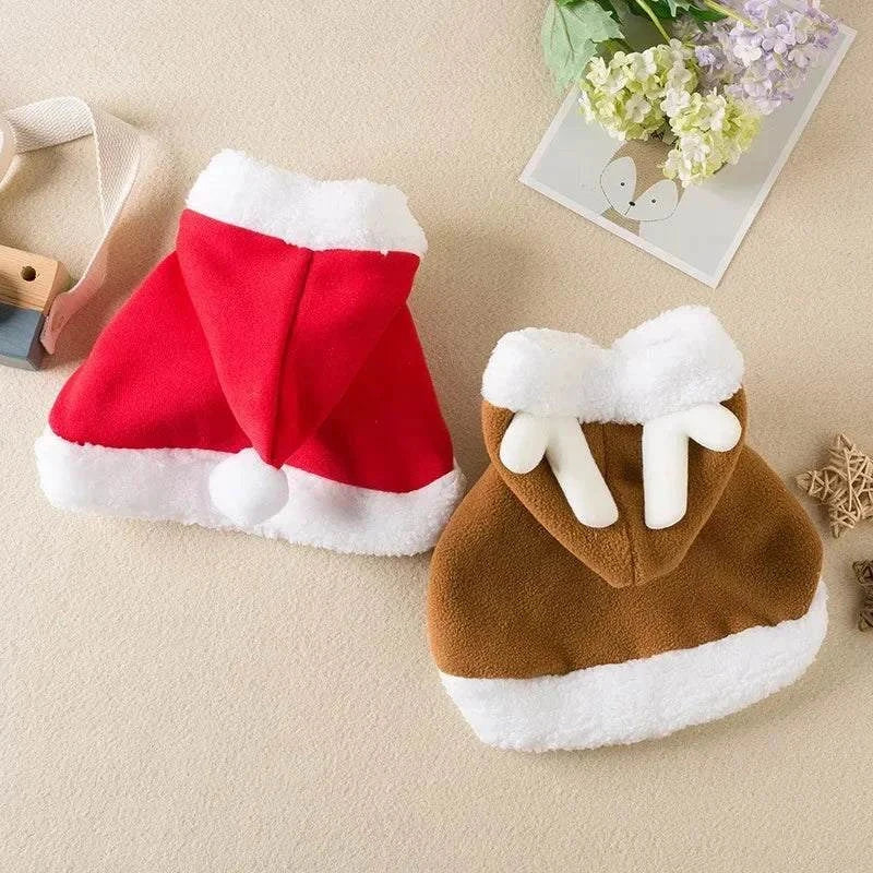 Funny cat Christmas costume set with red Santa cape and brown reindeer hooded cloak with white trim and antlers