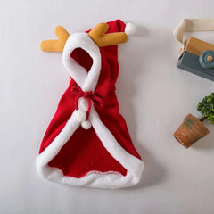 Funny cat Christmas costume red Santa cape with reindeer antler hat and white trim