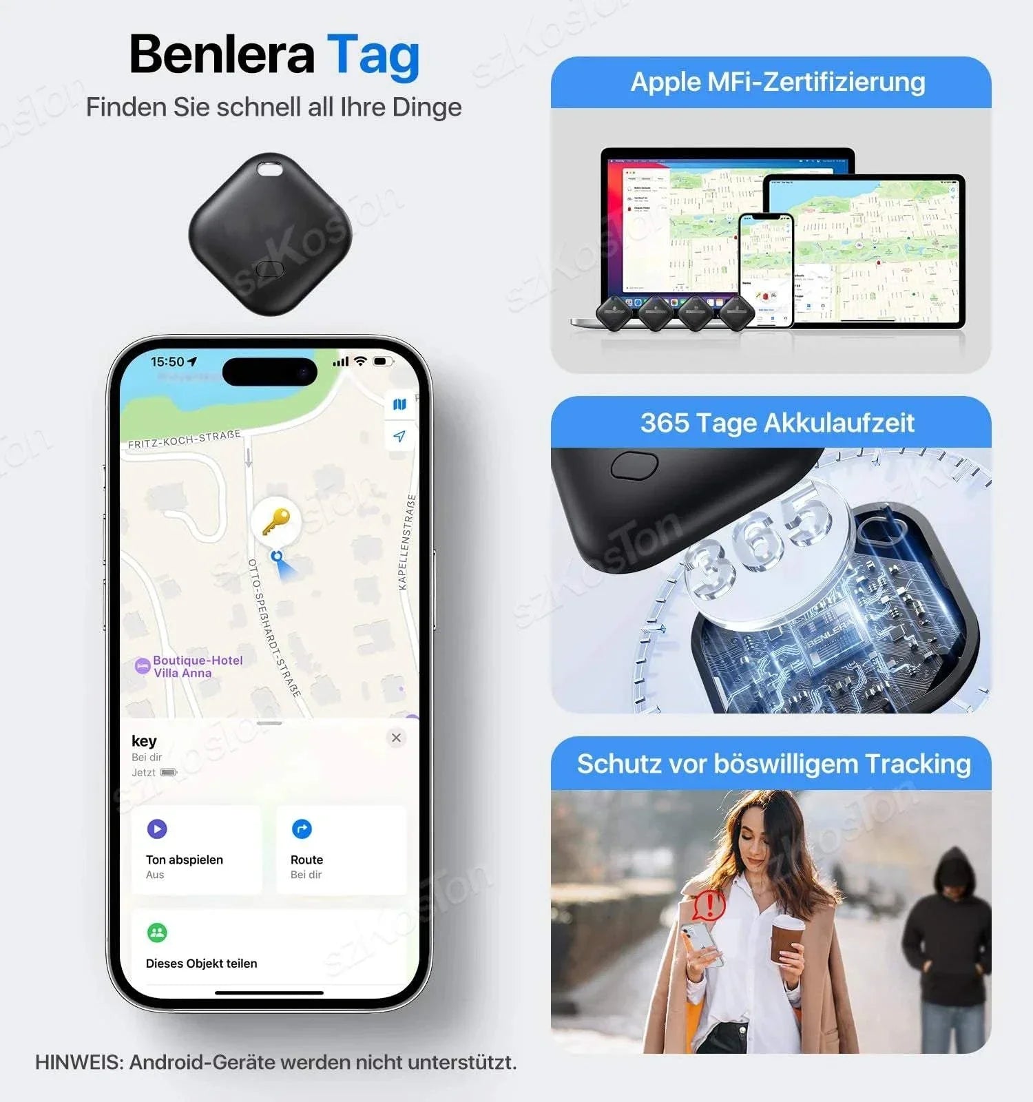 Mini GPS tracker smart iTag for pets children and cars locator with 30-hour battery life and Apple MFi certification.