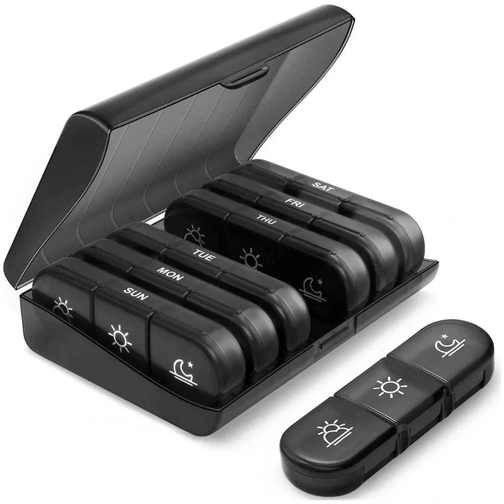 Black 7 days pill box organizer with 21 compartments for daily vitamins and medicine sorting