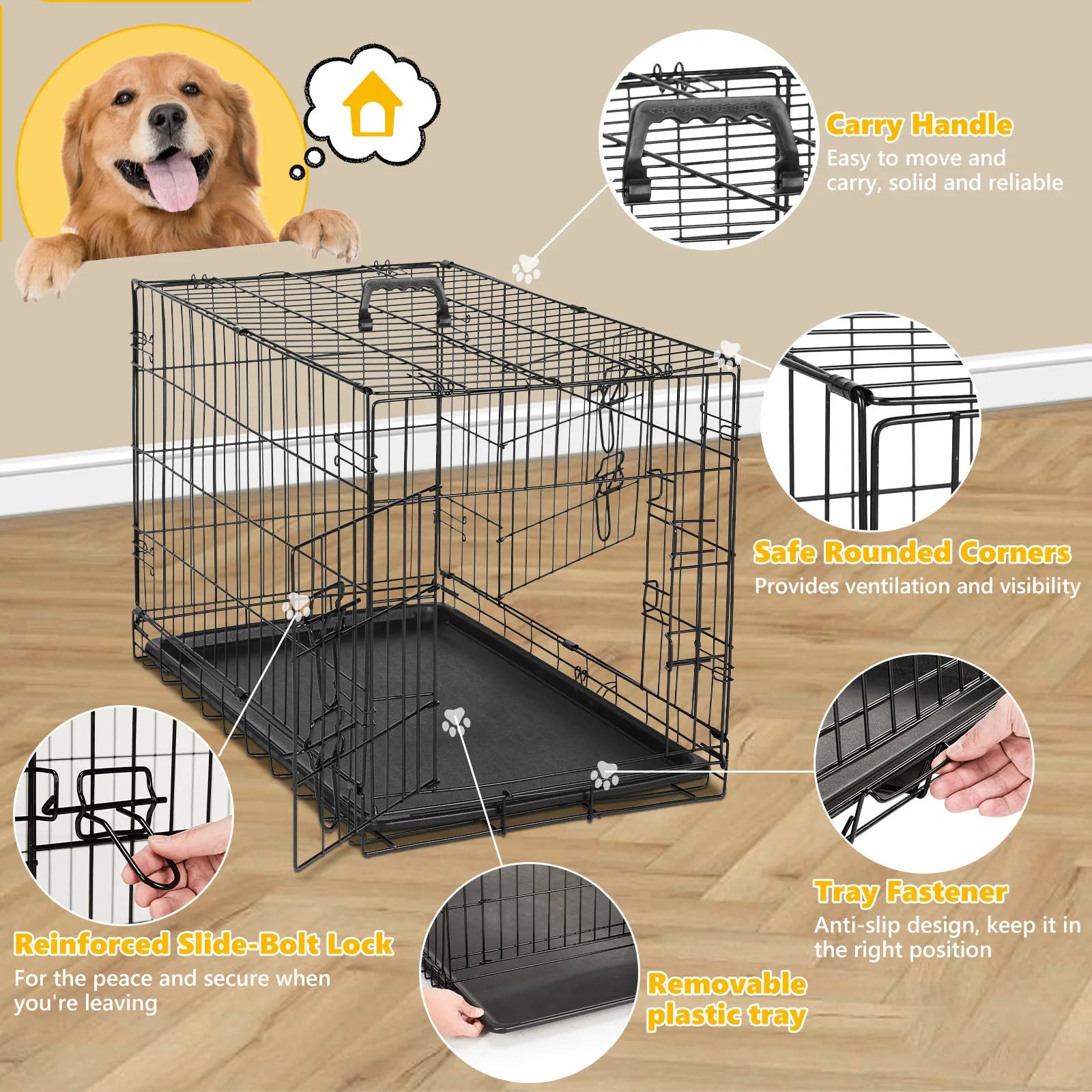 Foldable wire dog crate Double Door with Plastic Leak-Proof Pan tray
