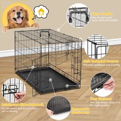 Foldable wire dog crate Double Door with Plastic Leak-Proof Pan tray